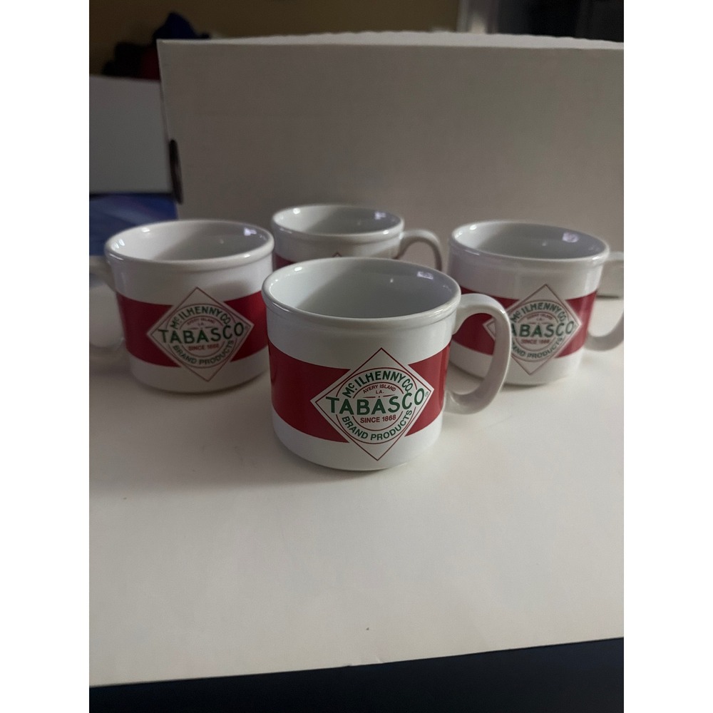 Tabasco Brand Mugs Set of 4 White Red Diamond Logo Dat'l Do-It Ceramic Coffee